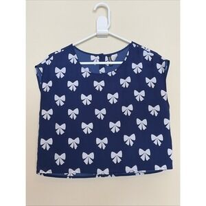Divided H&M Navy Blue Bow Coquette Preppy Button Back Shirt Blouse Top Womens 4